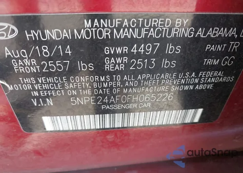 2015 Hyundai Sonata Se from USA, damaged, VIN 5NPE24AF0FH065226